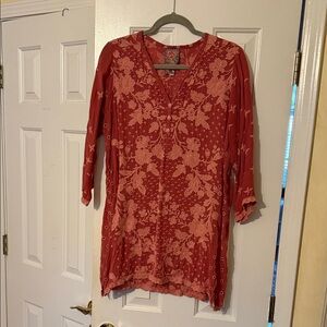 Embroidered Coral Tonal Embroidered Tunic.